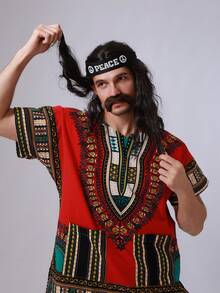 1 Set Men's Bohemian Style Outfit Including 1 Black Peace Headband And 1 Fake Mustache Costume Accessory, Suitable For Theme Parties And Gatherings