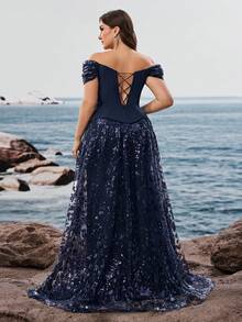 BluePlum 大码女士优雅串珠无肩带拼接正式礼服，奢华母亲礼服，适合晚宴、正式派对、毕业典礼、周年纪念、舞会、节日、音乐节、婚礼等场合。 - 藏蓝色 - 查看 3