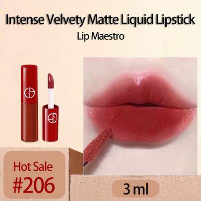 Giorgio Armani Ruj lichid mat catifelat Lip Maestro Intense #206 Lac de buze catifelat, tub roșu, dimensiune călătorie 3ml/0.1oz