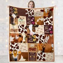 Coperta in flanella morbida con stampa vintage di mucca, in poliestere, coperta calda e confortevole per tutto l'anno, colori misti