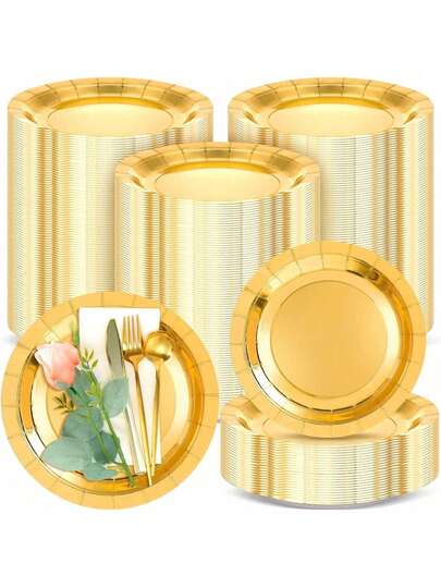 50/30/20/10/5pcs Gold Plates, 9inch/7inch Round Plates, Suitable For Desserts, Cakes, Meals, Seasonal Dinnerware, Great For Christmas, Halloween, Easter, Thanksgiving, Gifting, Graduation Party, Wedding, Picnic