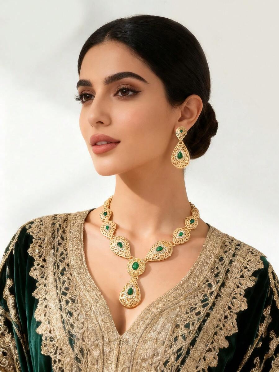 1set Arabic Pattern Gold Plated Necklace & Earrings Set, Wedding Jewelry Bridal Gift - Yellow Gold - View 1