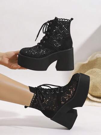 Gothic Style Lace-Up Embroidered Ankle Boots, Thick Platform Chunky Heel Side Zipper Punk Rock