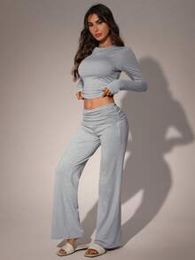 Meguma 2pcs Women Solid Color Loungewear Set, Casual & Fitted, Suitable For Everyday Wear At Home, Winter Clothes - Light Grey - View 5