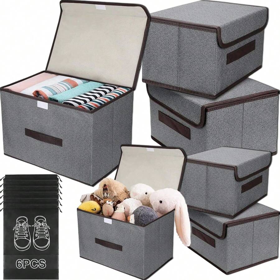 Cajas de Almacenamiento, Cajas Organizadoras para Clósets con Tapa y Asa, Organizador de Ropa de Tela Plegables, para Ropa Juguetes Libros, Adecuado para Salón, Armario, Oficina - Beis - Ver 1