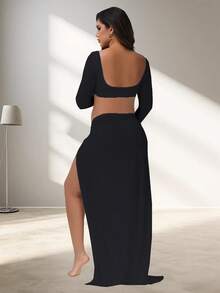 Irresista Maternity 2 Pcs V-Neck Backless Tie-Strap Crop Top & Twist Slit Maxi Skirt For Baby Shower Party Photoshoot Outfit - Black - View 2