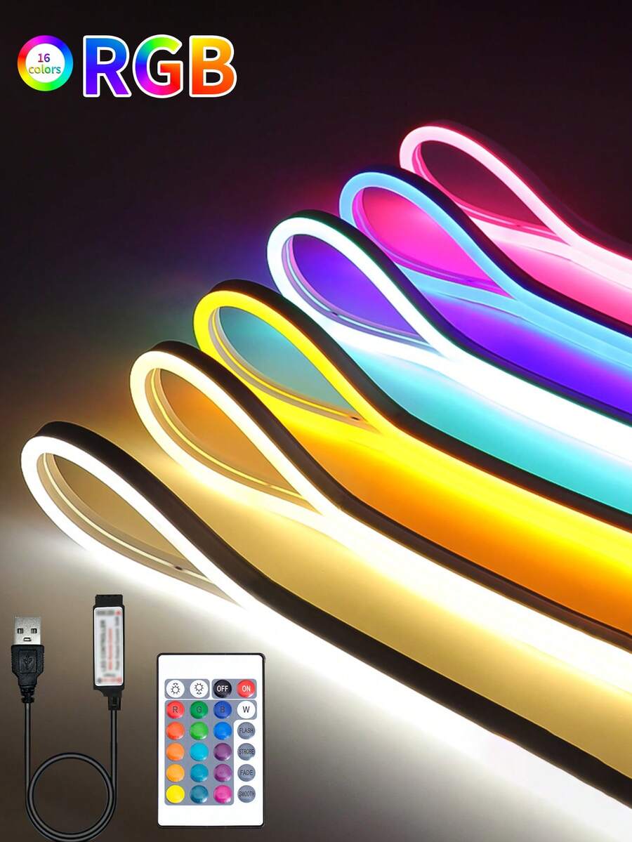 Luces de neón LED RGB con control remoto, tira de luz multicolor cambiante para decoración de dormitorio, iluminación de señal de neón flexible alimentada por USB - Multicolor - Ver 1