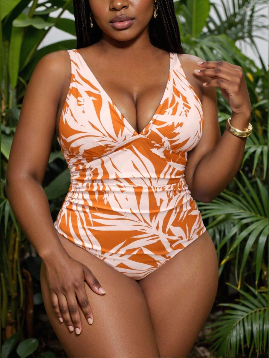 Slaydiva Maiô feminino plus size, 1 peça, estampa aleatória de galhos de plantas, decote em V, franzido, alça ajustável, elegante e sexy, adequado para praia e férias, para férias de verão - Laranja - Ver 1