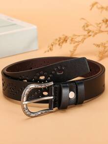 2pcs Casual Fashion Minimalist Vintage Style Hollow-Out PU Leather Belt For Women, Suitable For Daily, Party, And Outfit Matching