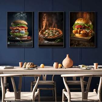 3pcs Optional Wooden Frame Creative Canvas Posters, Hamburger Pizza Paintings, Canvas Wall Paintings, Art Wall Paintings, Can Be Used As Gifts, Bedrooms, Offices, Living Rooms, Cafes, Bars, Wall Decorations, Home And Dormitory Decorations