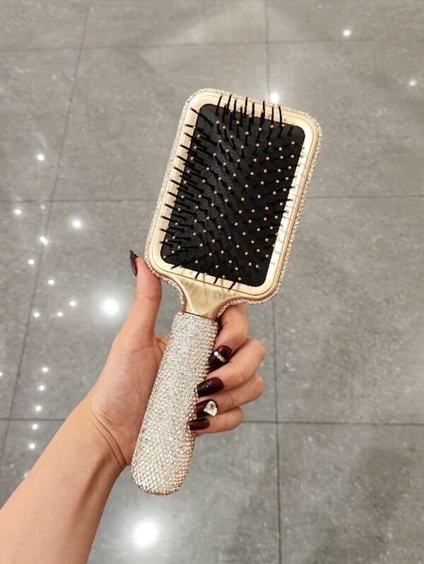 1 Stück Luxus Haarbürste mit langem Griff und Strass-Dekor, antistatisch
