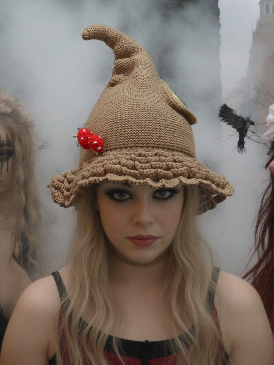 Crochet Witch Hat With Red Mushroom Accent For Halloween Costume, Knitted Pointed Witch Hat With Pom-Pom Detail, Perfect For Spooky Halloween Party & Cosplay, Fall / Winter