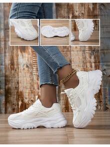 Women's Leather & Mesh Splice Thick Sole Sneakers, Lace-Up Outdoor Breathable Casual Running Shoes, Anti-Slip Elevated Fashion Footwear