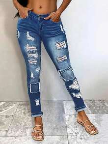 Women's Casual Distressed Skinny Jeans With Pockets And Zipper, Long Length, Medium Stretch, Suitable For Daily Wear - Medium Wash - View 2