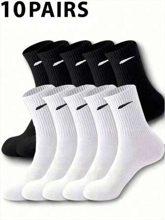 10 Pairs Unisex Casual Striped Socks, Fashionable Street Style Black & White Socks, Breathable Mid-Calf Socks For Couples