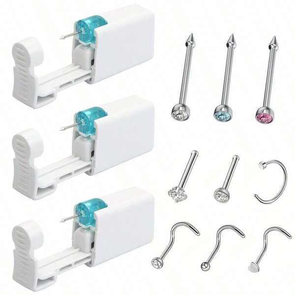 Pistola de piercing nasal descartável com 3 peças e pinos para o nariz - Kit de piercing nasal com 6 argolas e ferramentas para piercing nasal