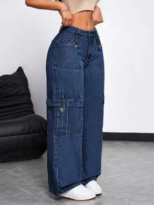 Women's Front Pocket Straight Leg Casual Jeans, Solid Color Minimalist Relaxed Fit Jeans For Daily Wear - Medium Wash - View 4