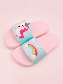 1 Pair Children Rainbow Unicorn PVC Anti-Slip Flat Slippers, Suitable For Indoor & Outdoor, Home, Bathroom, Summer - Pink - View 13