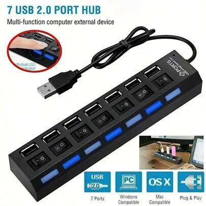 7 Port LED USB Hub Verteiler mit individuellen Schaltern, USB 4 Port Hub Verteiler mit individuellen Schaltern, USB Adapter Hub Mehrfachsteckdose mit Ein-/Ausschalter, Ladegerät Verteiler für PC, Laptop, Computer, USB-Stick, Handy, Tablet ohne Aufladung
