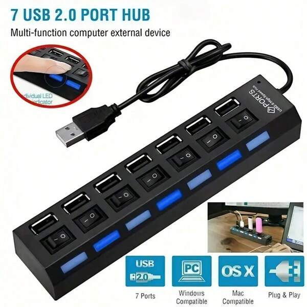 7 Port LED USB Hub Splitter With Individual Switch USB 4 Port Hub Splitter With Individual Switch USB Adapter Hub Multi-Port Socket Powered ON/OFF Switch Charger Splitter For Pc Laptop Computer U Disk Phone Tablet No Charging