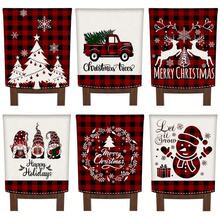 6PCS Christmas Red And Black Buffalo Plaid Gnome, Christmas Tree, Snowman, And Reindeer Truck Chair Cover, Made Of Double-Sided Linen Polyester, Removable And Easy To Clean, Suitable As A Christmas Table Chair Decoration And Protector For Family Gatherings