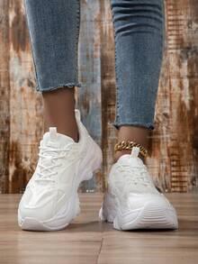 Women's Leather & Mesh Splice Thick Sole Sneakers, Lace-Up Outdoor Breathable Casual Running Shoes, Anti-Slip Elevated Fashion Footwear