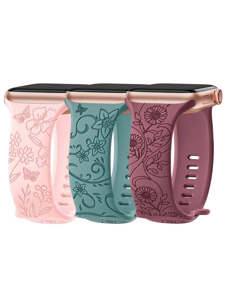 3 条装花卉雕刻表带，兼容 女式表带 40 毫米 41 毫米 38 毫米 42 毫米 44 毫米 45 毫米 49 毫米，（S10 42 毫米）（S10 46 毫米），硅胶可爱野花运动表带，兼容 S10 Series 9 Ultra SE 8 6 5 4 3 2 1 - 套裝3 - 查看 1