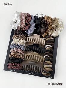 79pcs/Set Maillard Hair Accessories Set: Large Matte Claw Clips, Silk Satin Scrunchies & Seamless Elastic Ties, Versatile Earth Tone Headwear For Women - Multicolor - View 11