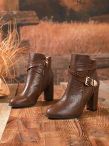 Women's High Heel Ankle Boots, Leather Buckle Slim Boots, Pointed Toe Elegant Sweet Spring Autumn Winter New European And American Style High Heel Side Zipper Round Toe Versatile White Boots Chunky Heel High Heels