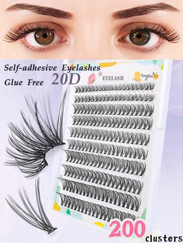 200 grappoli di ciglia finte adesive con curvatura C, aspetto naturale, 20D, fai da te, ciglia di diverse lunghezze (8-16mm), ciglia naturali e morbide per uso quotidiano, riutilizzabili anche per i viaggi