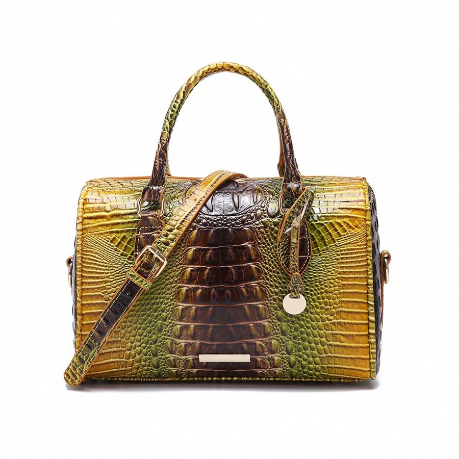 Women's Handbags, Colorful Crocodile Pattern Boston Bags, Women's Handbags - Fashionable Contrast Color Crocodile Pattern Women's Bags, Exquisite - 金魚棕 - 查看 1
