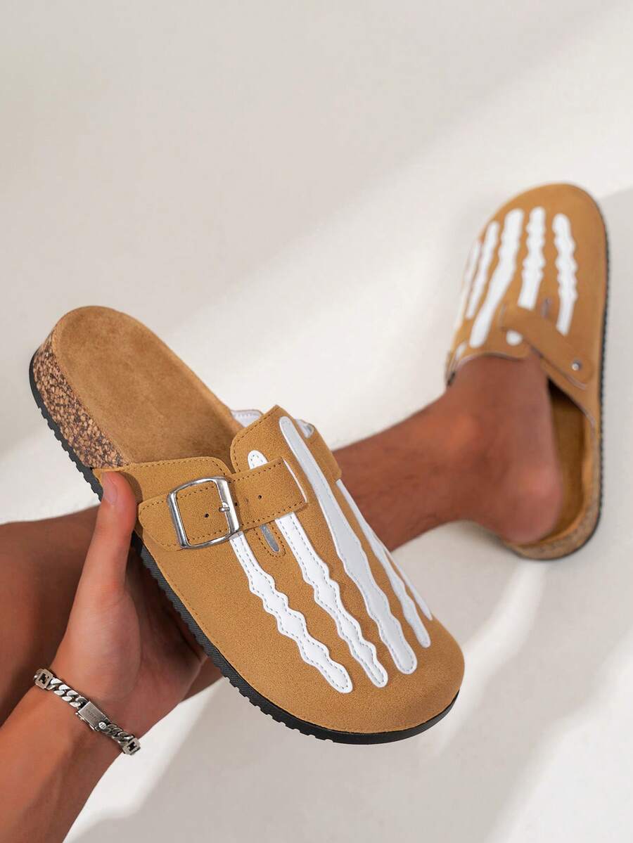 Men's New Casual Shoes, Skull Print Casual Backless Loafers, Indoor/Outdoor Casual Shoe Design, Minimalist Street Style Sandals Suitable For Spring, Summer, Autumn Casual Walking And Vacation - 棕色 - 查看 1