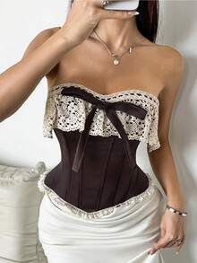 优雅浪漫透视蝴蝶结花朵装饰蕾丝荷叶边束腰上衣带骨弧形下摆短款抹胸节日派对外出约会万圣节服装女士 - 棕色 - 查看 1