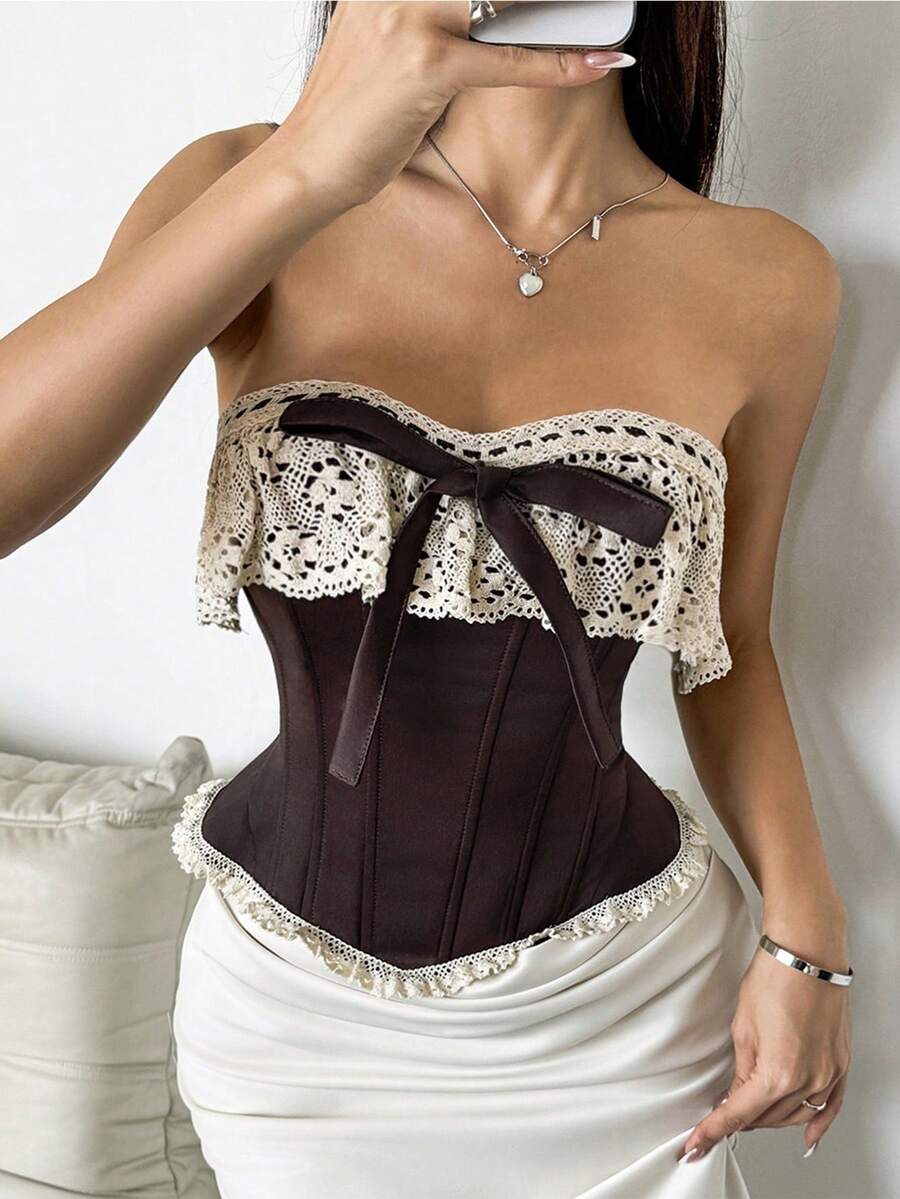 优雅浪漫透视蝴蝶结花朵装饰蕾丝荷叶边束腰上衣带骨弧形下摆短款抹胸节日派对外出约会万圣节服装女士 - 棕色 - 查看 1
