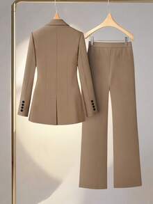 Women's Lightweight Commuter Solid Color Double-Breasted Fitted Mid-Length Long Sleeve Blazer And Straight Leg Pants Suit - Khaki - View 2