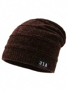 Classic Solid Color Thick Knit Beanie Hat With Five-Pointed Star Patch, Fashionable Jacquard Patterned Warm Knitted Cap For Autumn/Winter Winter Warm