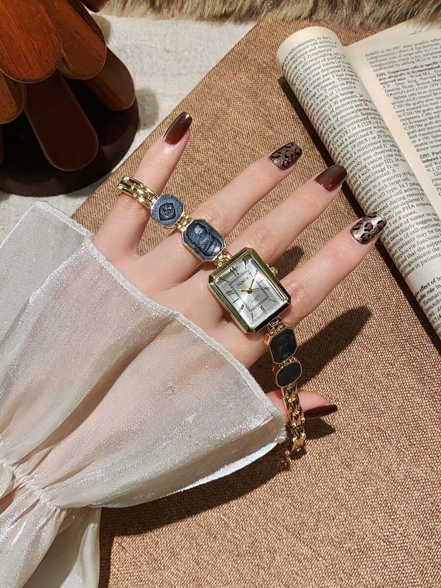 1 chiếc đồng hồ đeo tay nữ bằng hợp kim mạ vàng, kiểu dáng bất đối xứng, mặt số chữ số Ả Rập thời trang, máy quartz, dây đeo có thể điều chỉnh, thích hợp để đeo hàng ngày và làm quà tặng ngày lễ. - màu đen - Xem 1
