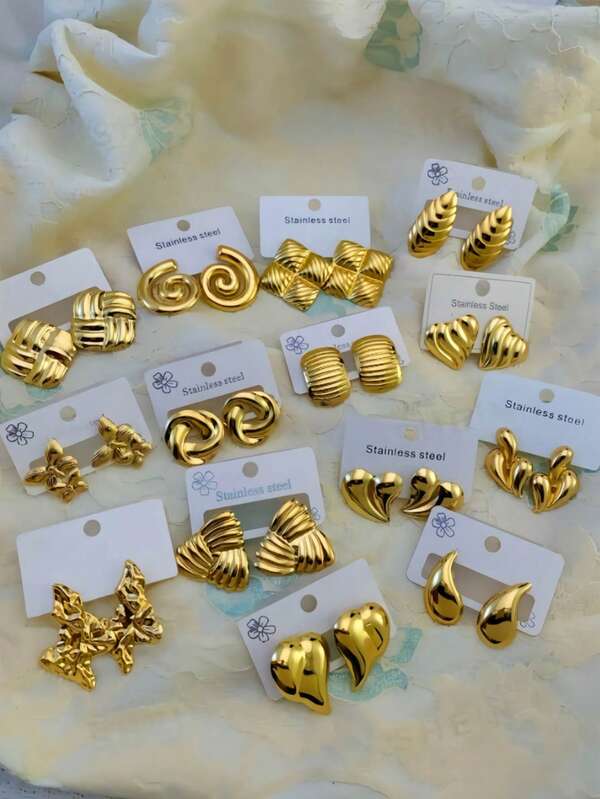 12Pairs/Lot Exquisite Gorgeous Romantic Elegant Stainless Steel Women Men Earrings Butterfly Heart-Shaped Geometric Water Droplet Styles Wedding Engagement Attending Dinner Valentine's Day Gifts Daily Wearing Accessories