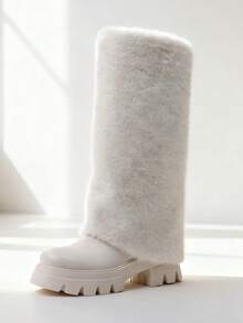 Furry Fluffy Women Snow Boots Warmplush Knee High Boots Luxury Fashion Punk Goth Party Dating Women Winter Shoes - 白色 - 查看 6
