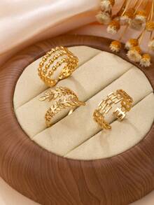 Set de 3 anillos decorativos de línea hueca de acero inoxidable minimalista, adecuado para mujeres y hombres, para uso diario, festivales, citas, compromisos, bodas y viajes - Dorado - Ver 7