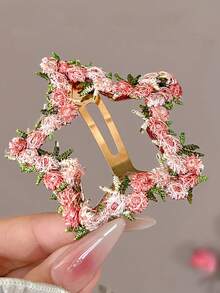 Pasador de pelo con bordado floral rosa - Accesorios de pelo lindos de hierro, adecuados para uso casual y diario en todas las estaciones, sin electricidad, diseño de tela de punto, accesorios para el cabello, pasador de pelo de flor rosa de alta gama para mujer, clip de amor dulce para la frente, flequillo lateral, pasador de pelo, pinzas para el cabello, pasador de pelo