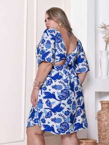 Women's Plus Size Printed Short Midi Dress - Azul EST - Ver 5