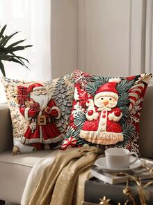 4pcs/1pc Bright Red Christmas Holiday Pillow Cover - Santa Claus, Reindeer, Christmas Tree And Holiday Decorations Design, 18x18 Inches | Zipper Closure | Bright Color Polyester Material | For Living Room, Room Decoration, Sofa And Bedroom (Filling Not Included) Great For Christmas Decorations, Christmas Party, Bedroom Decor, Home Decor - Multicolor - View 3