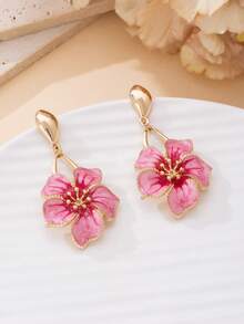 1 对优雅复古手工扎染渐变柔粉色不对称五瓣花吊坠耳环，适合女士 - 粉色 - 查看 4
