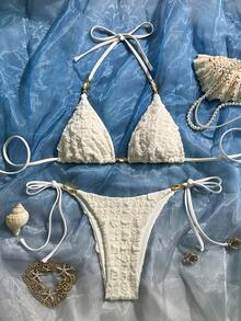 女士优雅性感纯白泳衣，饰以金色亮片和海洋仿珍珠，适合海滩派对、婚礼和正式场合，夏季度假必备。 - 白色 - 查看 3