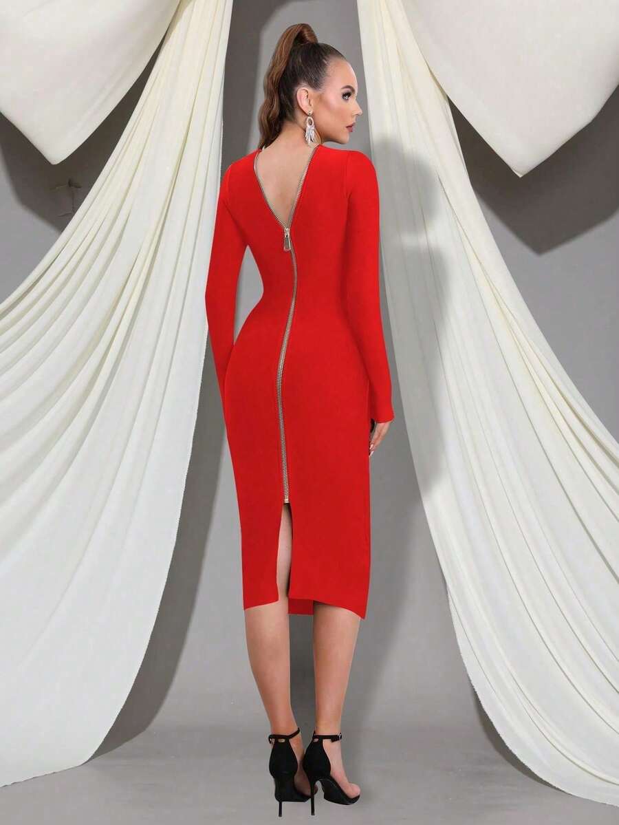 Sexy Women's Long Sleeve Large Zipper Back Bodycon Midi Dress For Vacation And Party - Merah - View 1