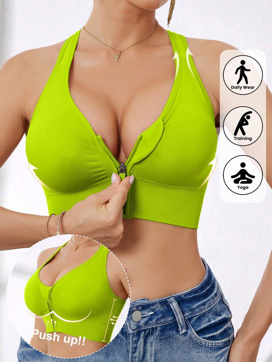 Sujetador deportivo sin costuras y con cremallera frontal de alta intensidad para mujer, adecuado para primavera, verano, otoño e invierno - Verde - Ver 1