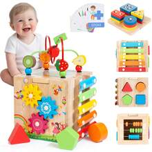 Bonus Sorting & Stacking Board | 8-In-1 Wooden Baby Activity Cube - Xylophone, Shape Sorter, Abacus| 1st Birthday Gift Toys For One 1 2 3 Year Old Boy Girl | Montessori Educational Learning Toddler Toy - 彩色 - 查看 1