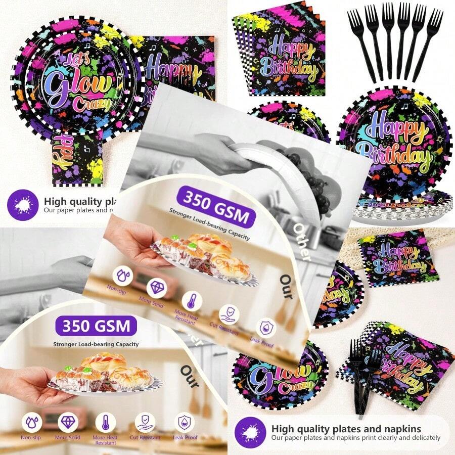 96 Pcs Neon Birthday Party Supplies 350 GSM Colorful Graffiti Paper Plates And Napkins Tableware Sets Glow In The Dark Decorations Favors For Baby Shower Rainbow Birthday Party Serves 24