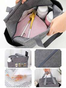 Thermal Bag, Insulated Bag With The "Four Cups Of Coffee" Pattern Paired With A Black Cutlery Storage Bag, A Double Pocket Lunch Box Bag, Large Capacity, Student Meal Insulated Refrigerated Bag, Portable Travel Picnic Bag, Office School Lunch Bag Insulated Lunch Box, Work Lunch Box, Work Office Holiday Lunch Box, And Multi-Functional Camping School Lunch Box For Both Men And Women